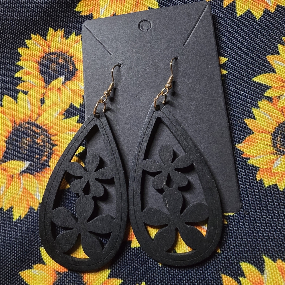 Wooden Black Floral Teardrop Earrings